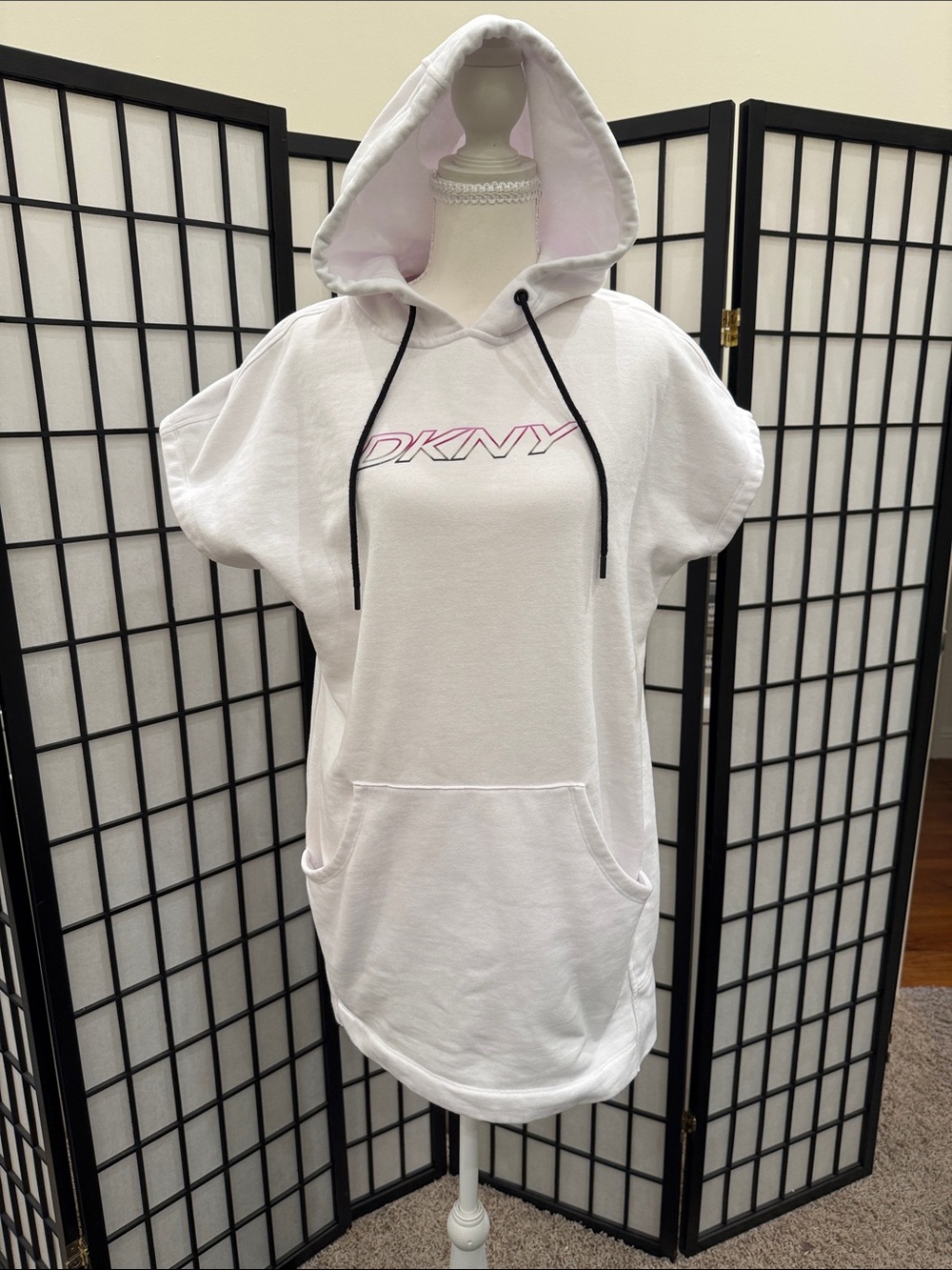 DKNY White Short Sleeve Hoodie Tunic with Pink Logo